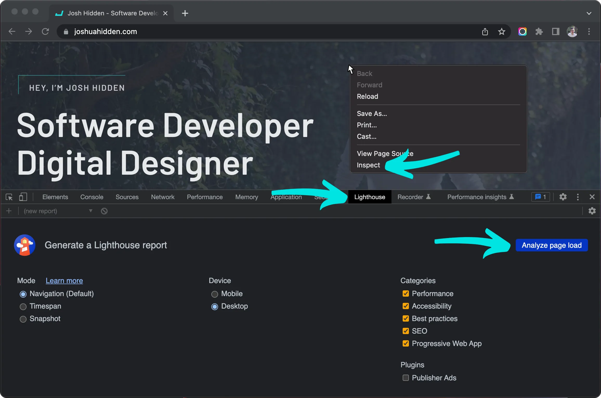 Creating a Lighthouse report in Chrome DevTools