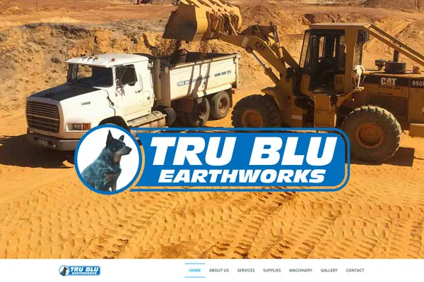 Tru Blu Earthworks one-page website shown on desktop